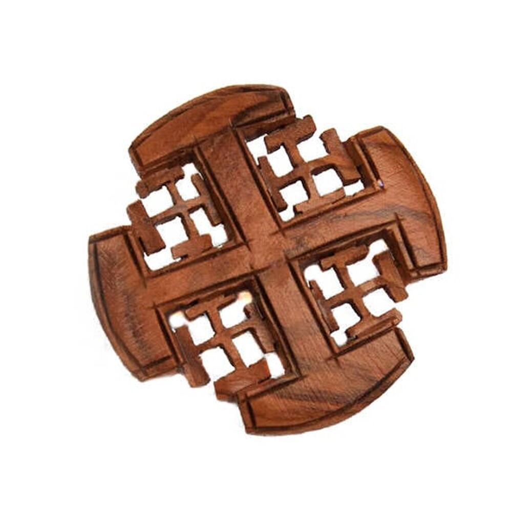 1970s Handcrafted Wood Maltese Cross Boho Hippie Chic Mid Century Pin Brooch